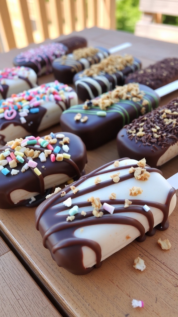 Homemade ice cream bars dipped in chocolate with colorful toppings, displayed on a wooden table.